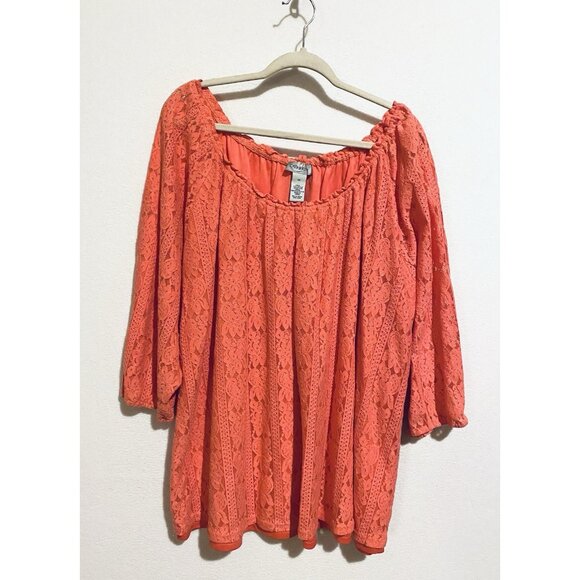 Catherines Top Womens 3X Coral Orange Stretch Lace Peasant Cottagecore Flirty - Picture 1 of 8